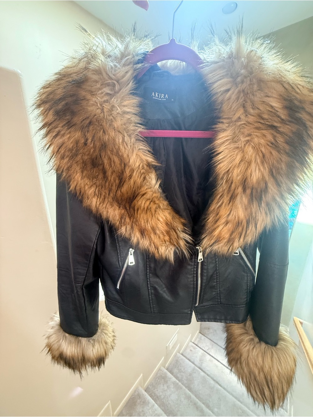 AKIRA Black Faux Leather Jacket with Brown Fur Trim Collar and Cuffs